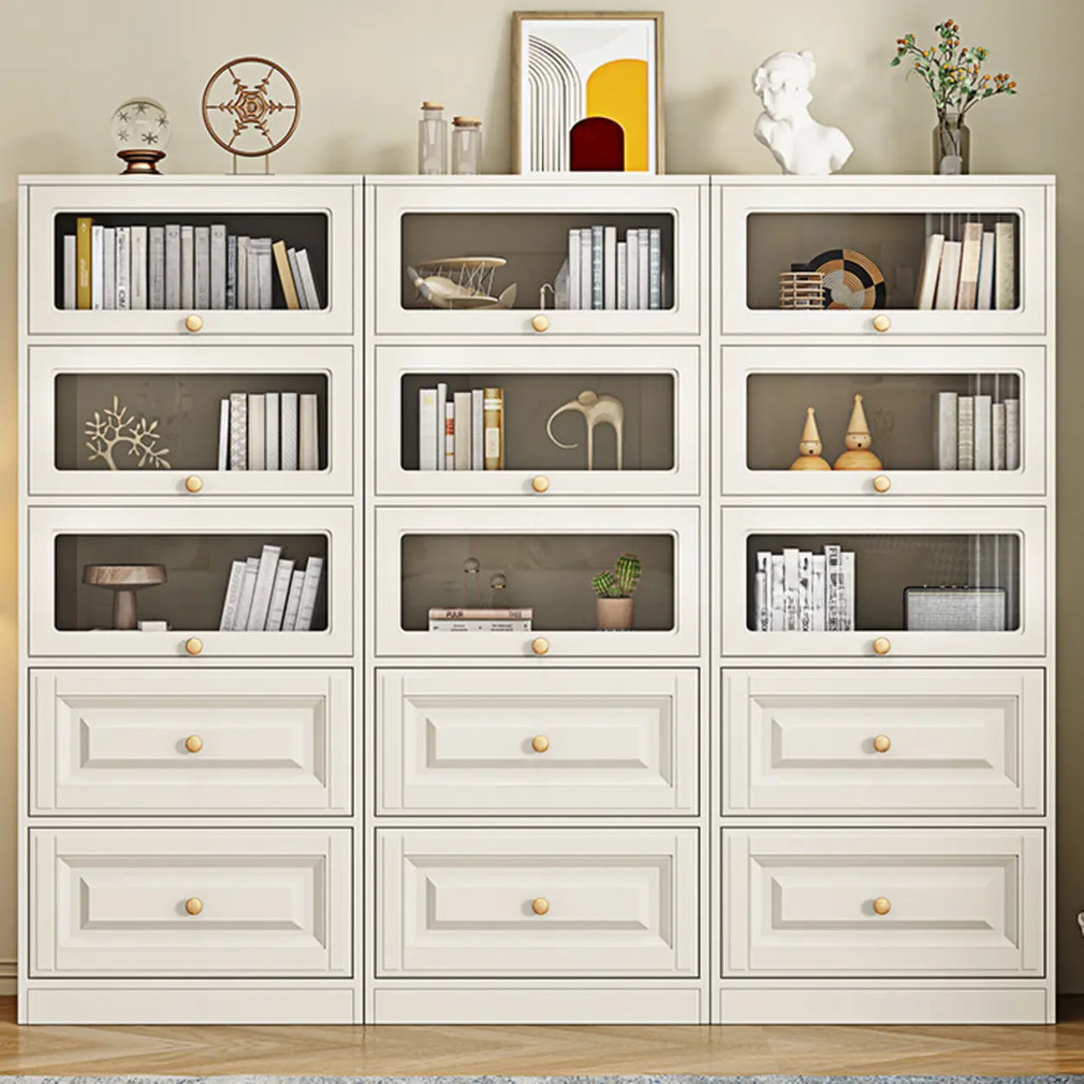 White French Vertical Wood Drawers Storage Bookcase Image - 4