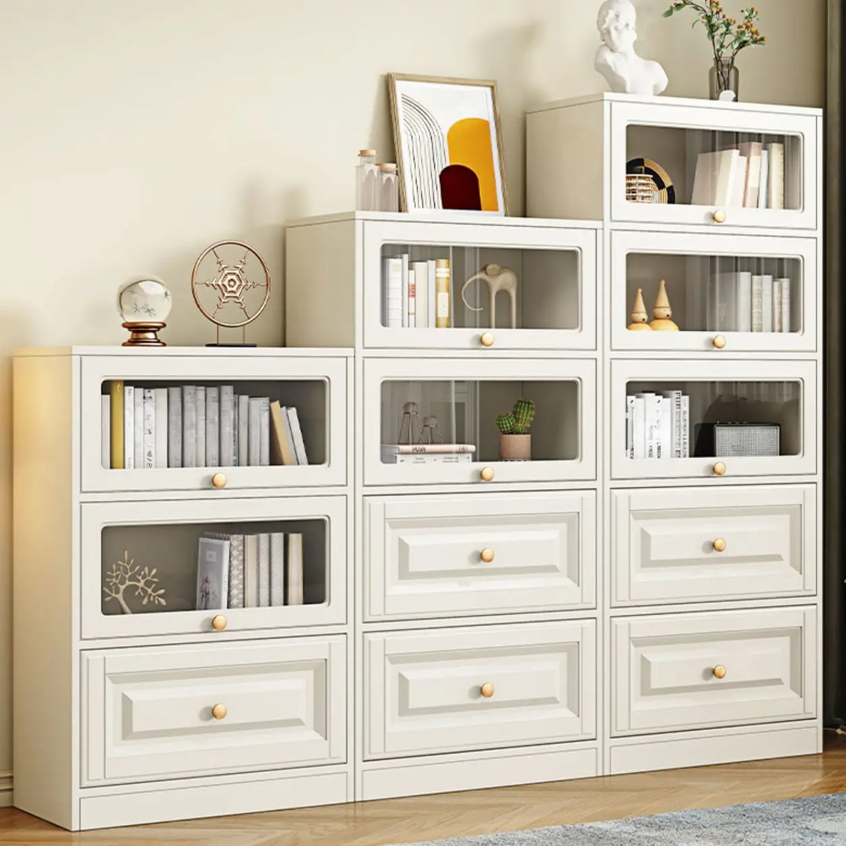 White French Vertical Wood Drawers Storage Bookcase Image - 6