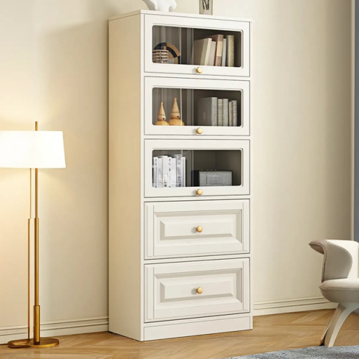 White French Vertical Wood Drawers Storage Bookcase Image - 7