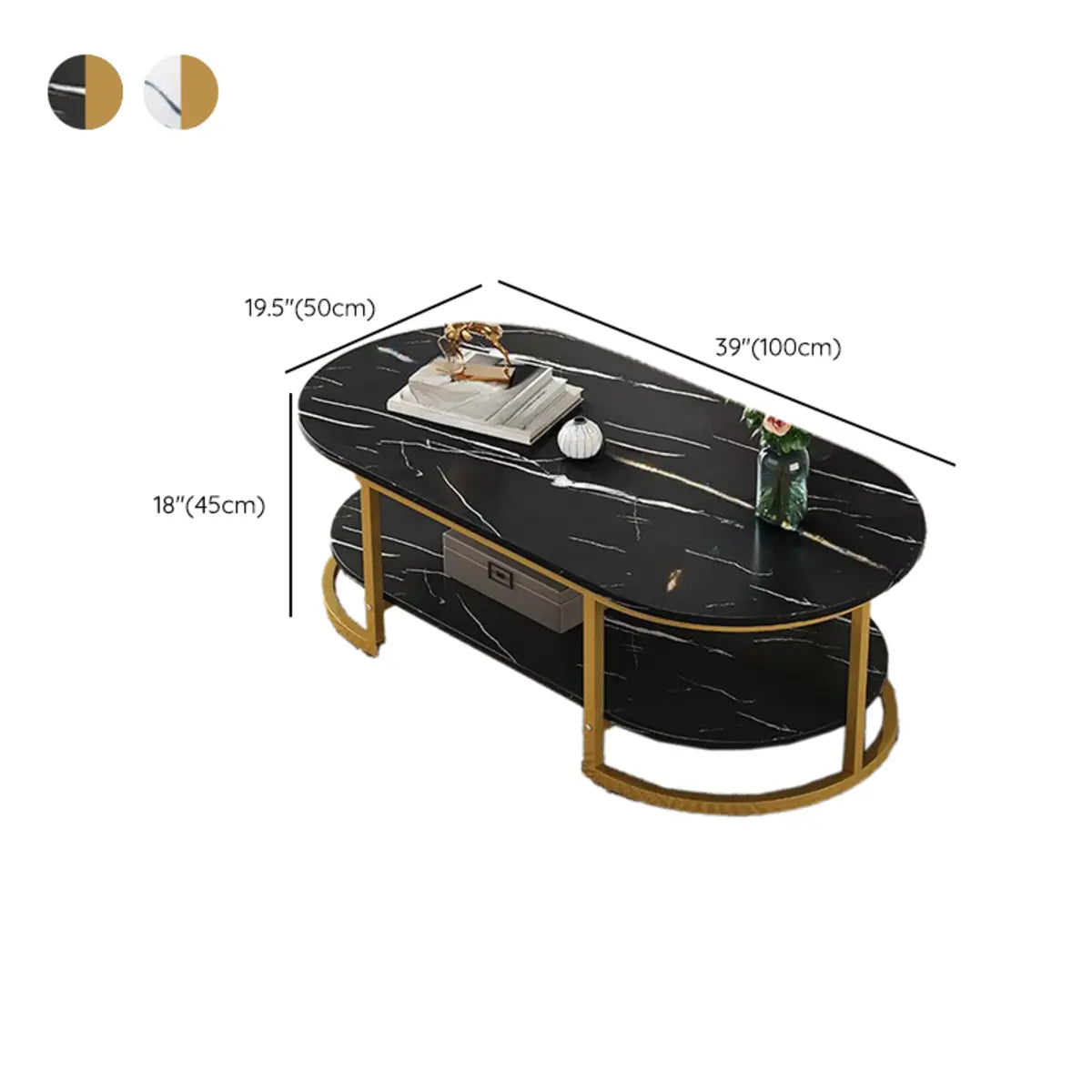 White Glass Oval Shelves Storage Sled Coffee Table