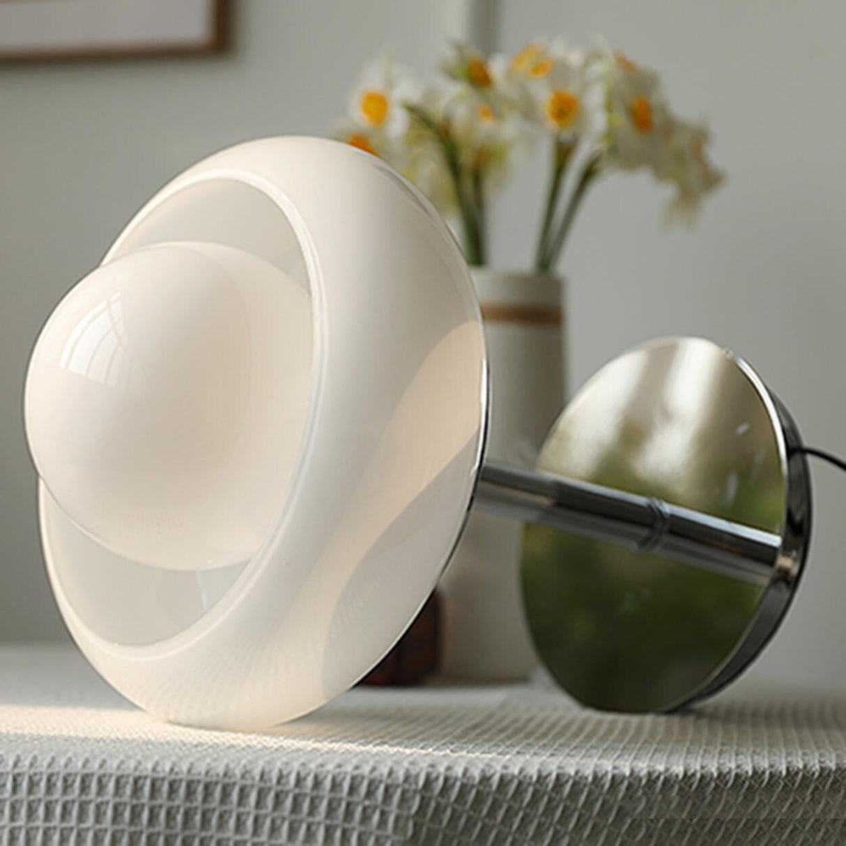 White Globe Glass Shade Silver Base LED Table Lamp Image - 10