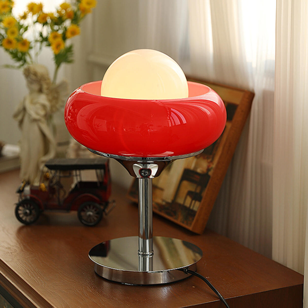 White Globe Glass Shade Silver Base LED Table Lamp Image - 14