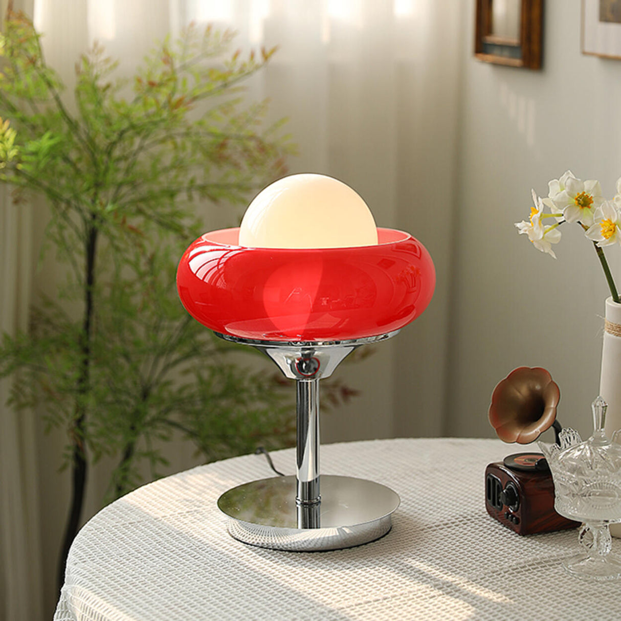 White Globe Glass Shade Silver Base LED Table Lamp Image - 4