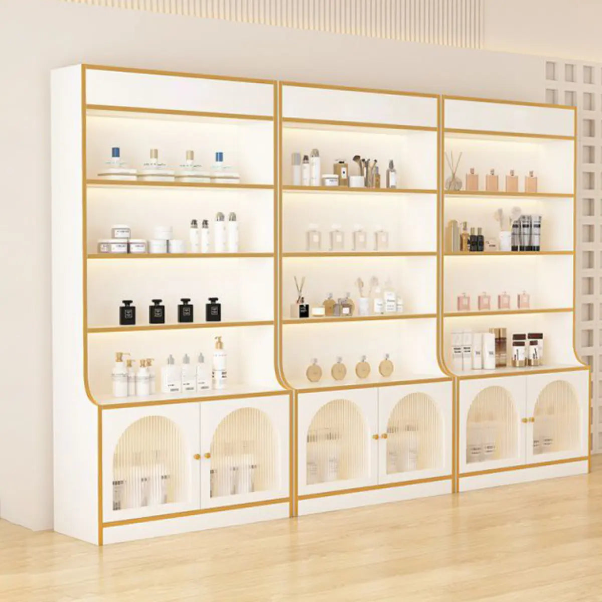 White-Gold Rectangular Faux Wood Large Display Cabinet Image - 4