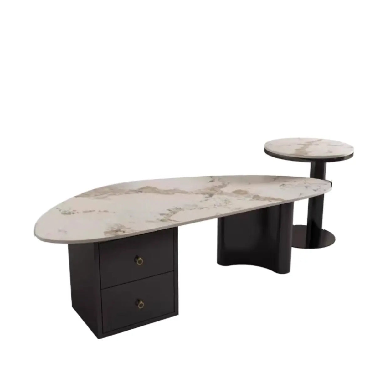 White-Gray Stone Triangle Coffee Table with Drawers Image - 2
