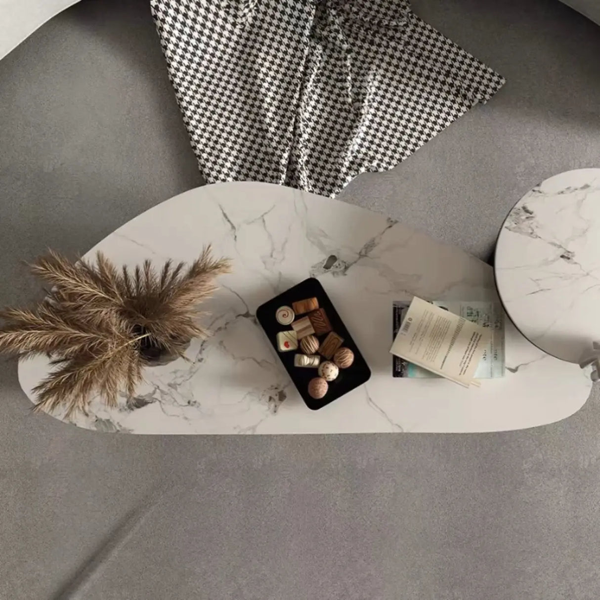 White-Gray Stone Triangle Coffee Table with Drawers Image - 4