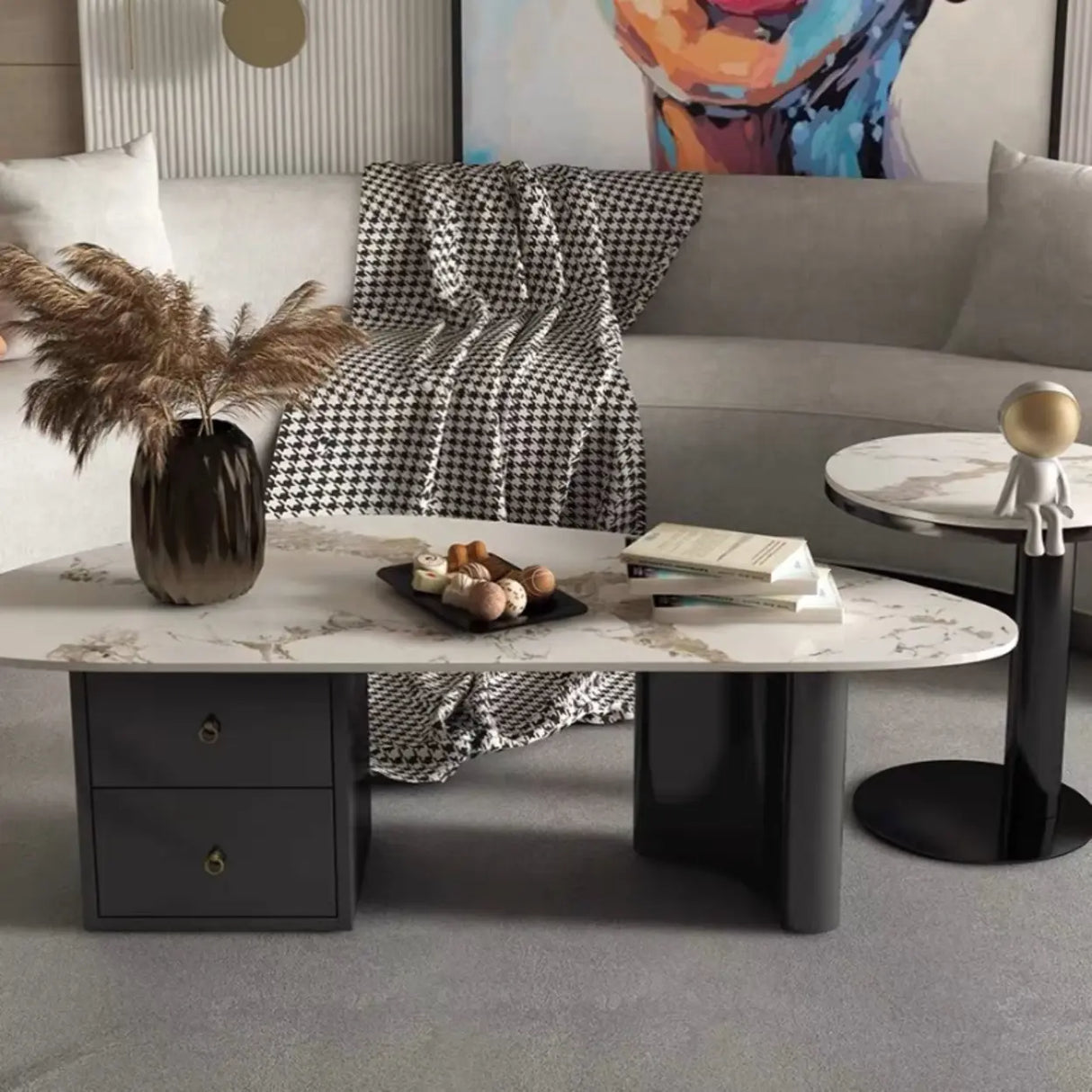 White-Gray Stone Triangle Coffee Table with Drawers Image - 6