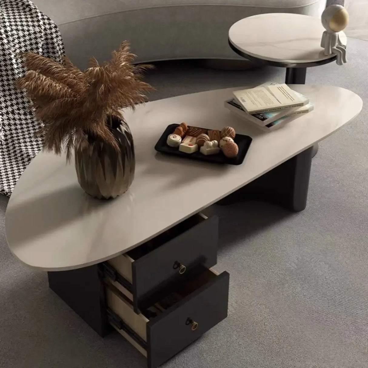 White-Gray Stone Triangle Coffee Table with Drawers Image - 7