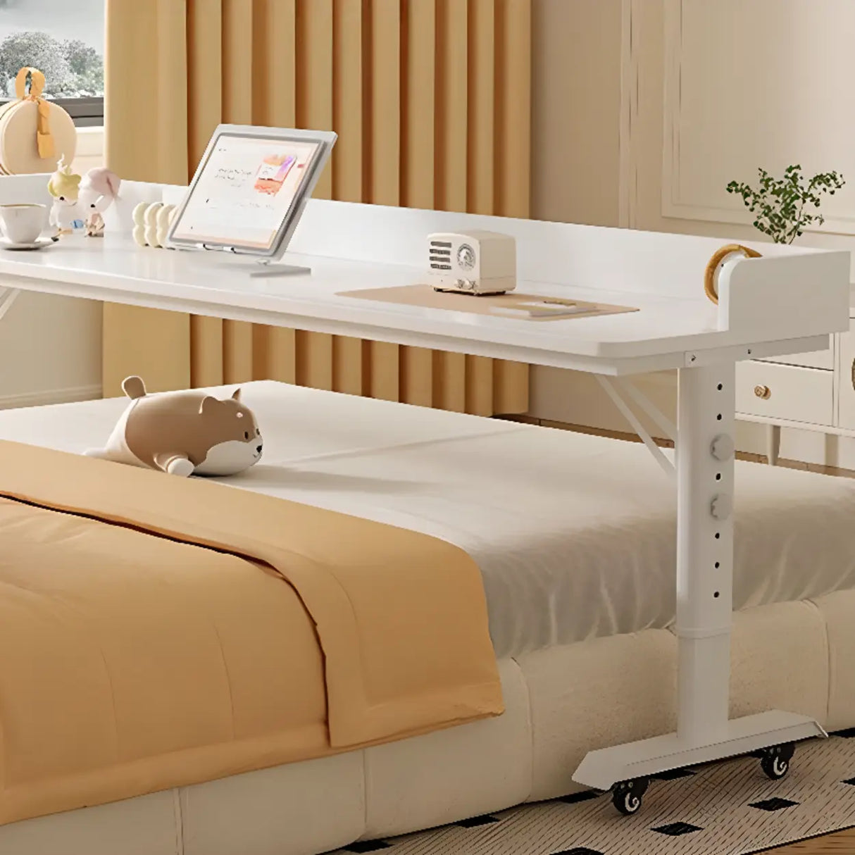 White Height-Adjustable Wood Computer Desk with Wheels Image - 1