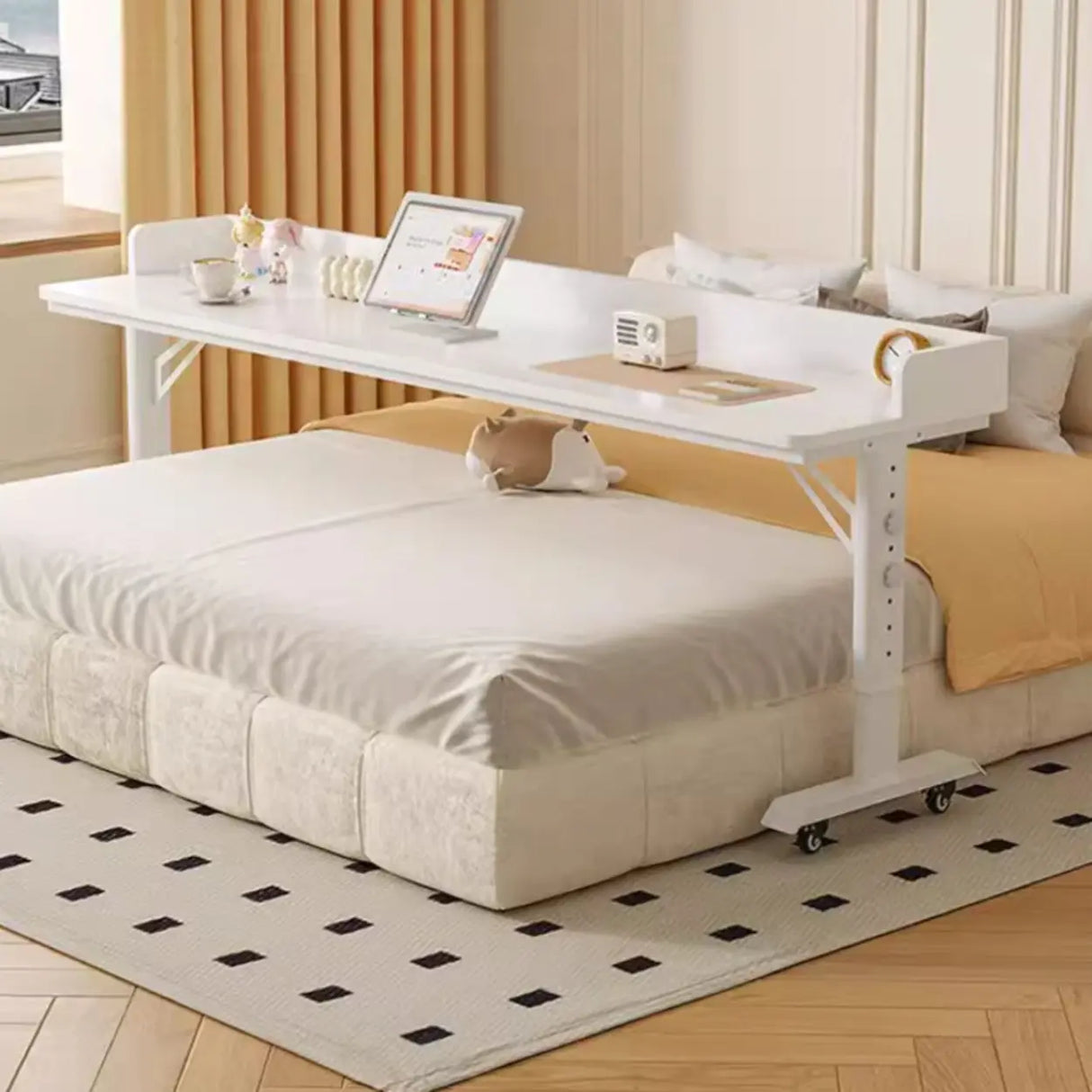 White Height-Adjustable Wood Computer Desk with Wheels Image - 4