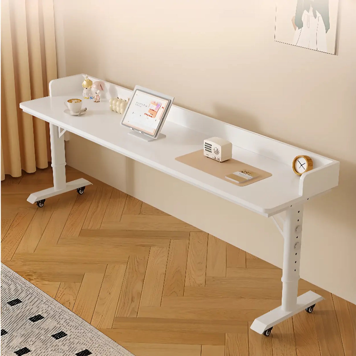 White Height-Adjustable Wood Computer Desk with Wheels Image - 5