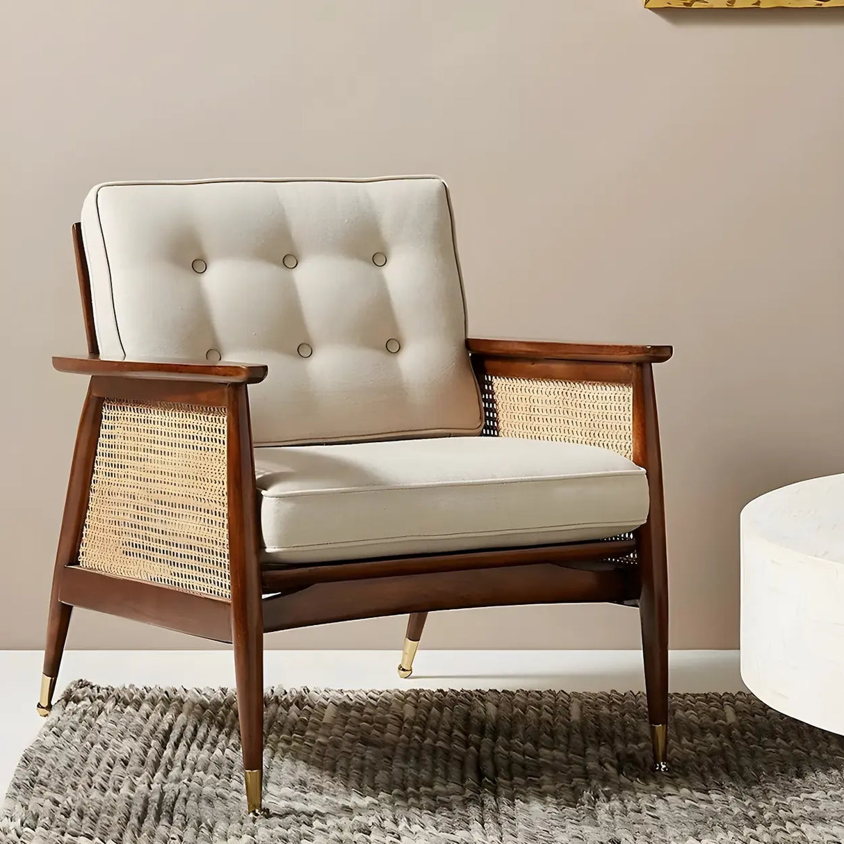 White Linen Recessed Arm Wooden Four Legs Arm Chair Image - 1