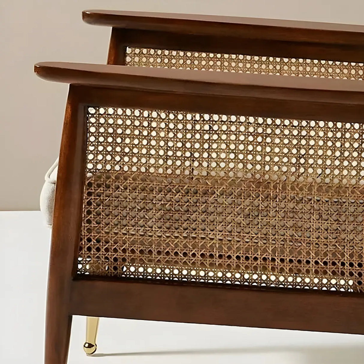 White Linen Recessed Arm Wooden Four Legs Arm Chair Image - 10