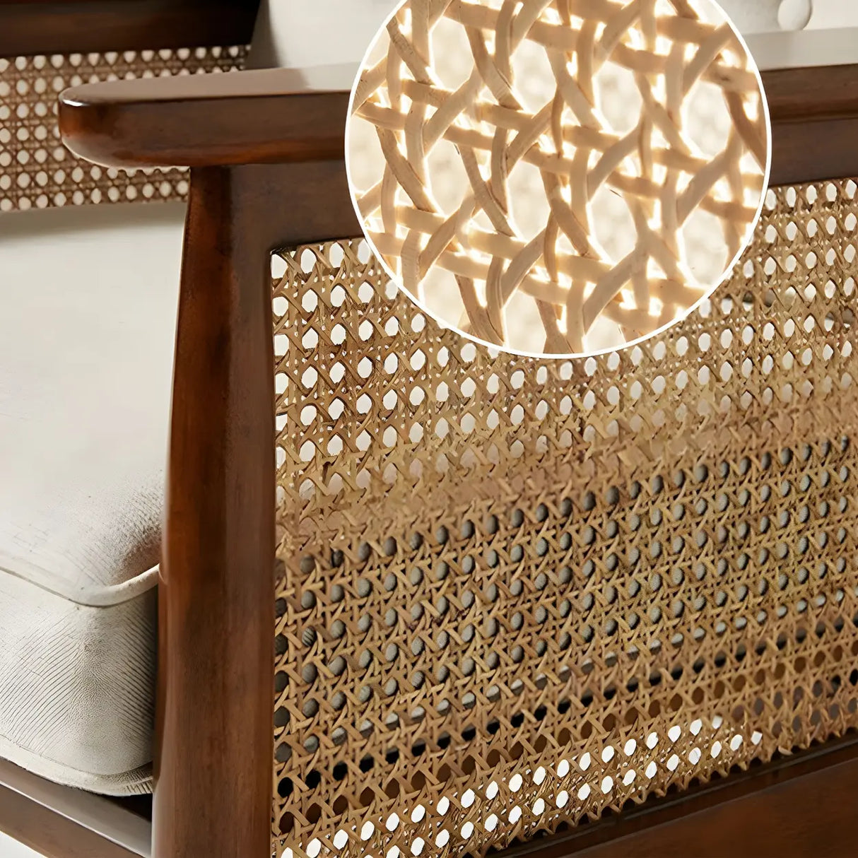 White Linen Recessed Arm Wooden Four Legs Arm Chair Image - 11