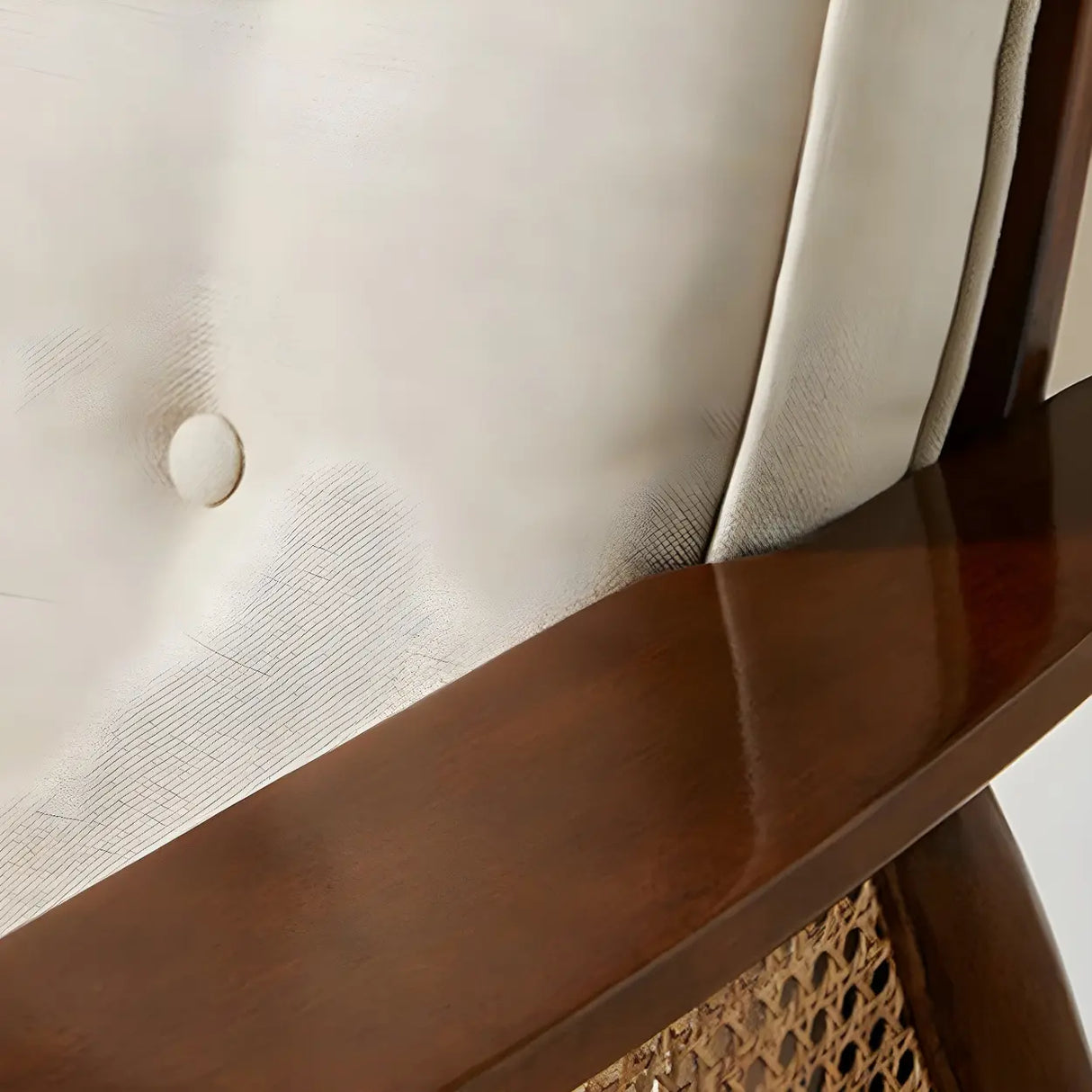 White Linen Recessed Arm Wooden Four Legs Arm Chair Image - 12