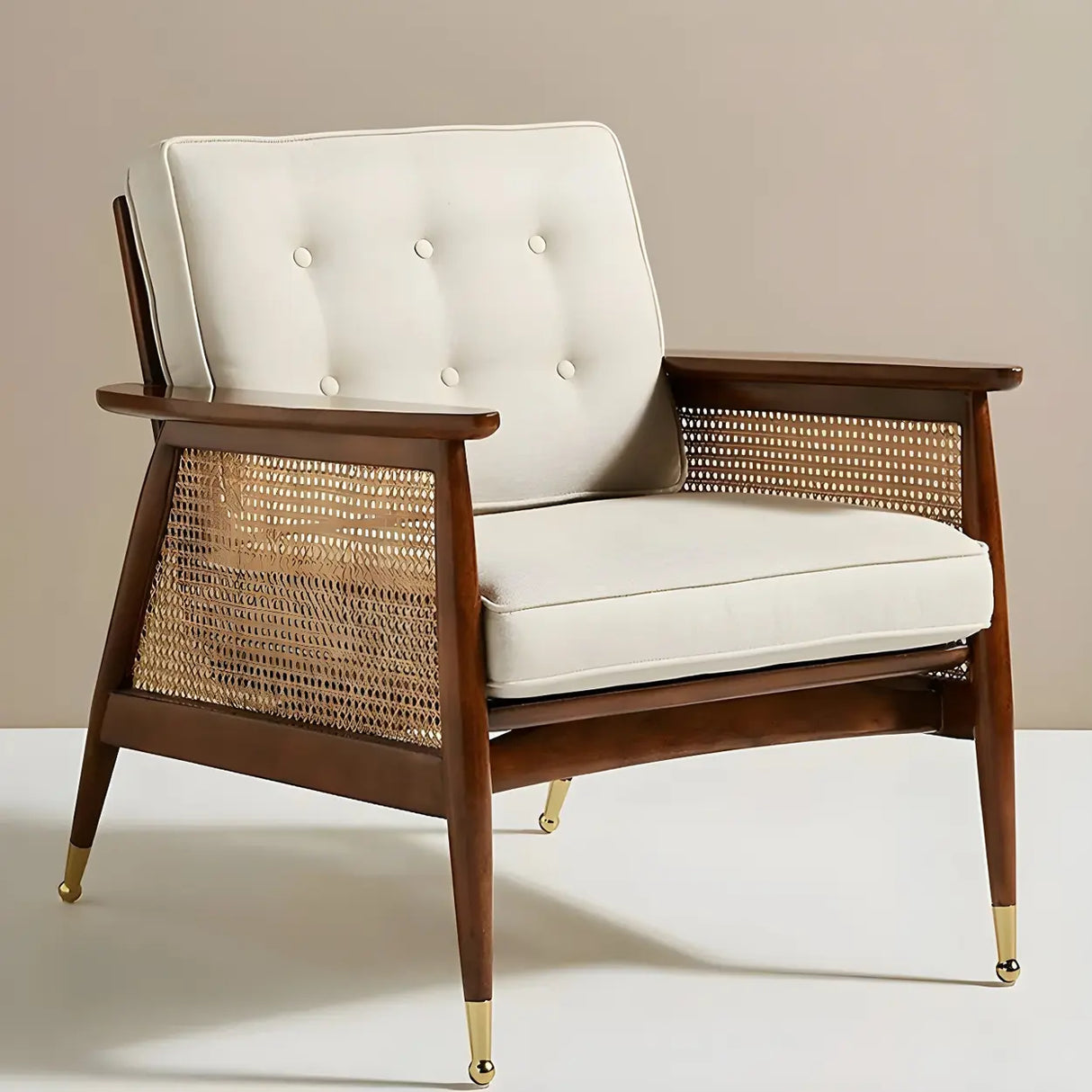 White Linen Recessed Arm Wooden Four Legs Arm Chair Image - 2