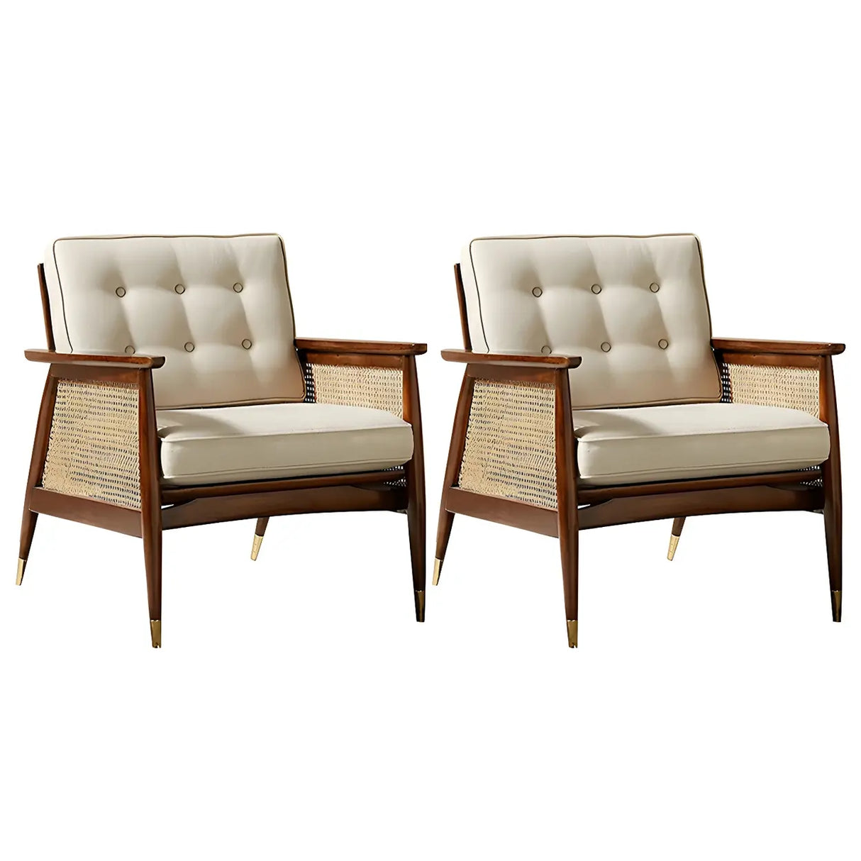 White Linen Recessed Arm Wooden Four Legs Arm Chair Image - 3