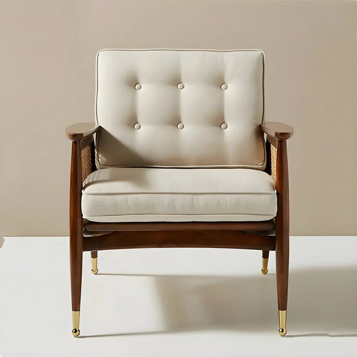 White Linen Recessed Arm Wooden Four Legs Arm Chair Image - 4