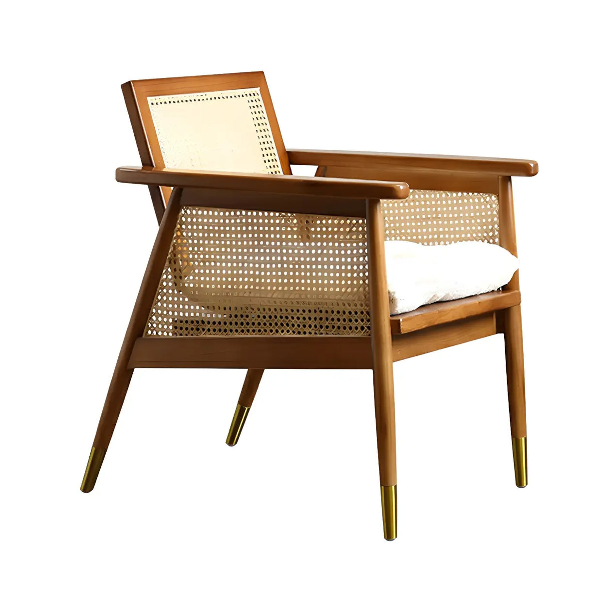 White Linen Recessed Arm Wooden Four Legs Arm Chair Image - 5