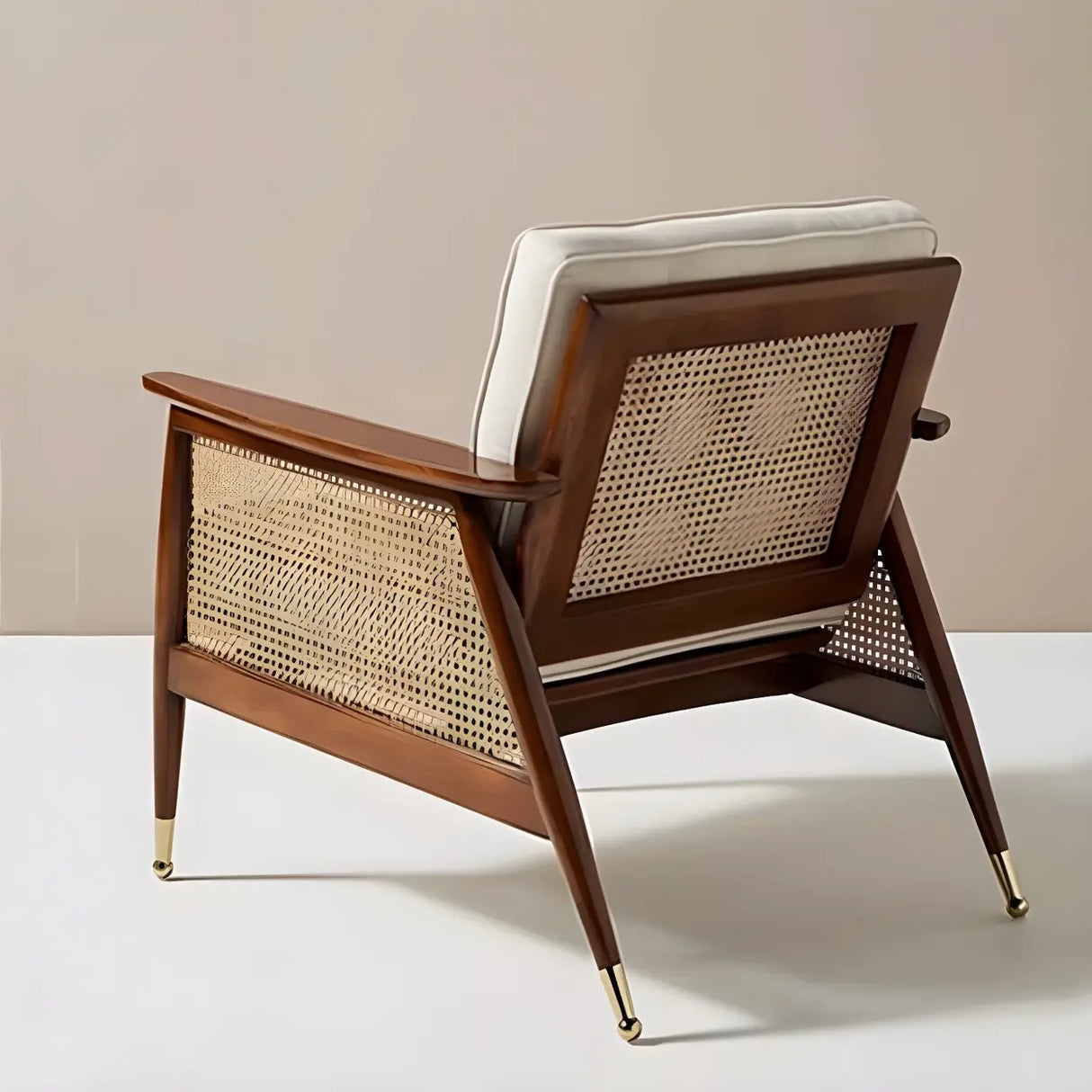 White Linen Recessed Arm Wooden Four Legs Arm Chair Image - 6