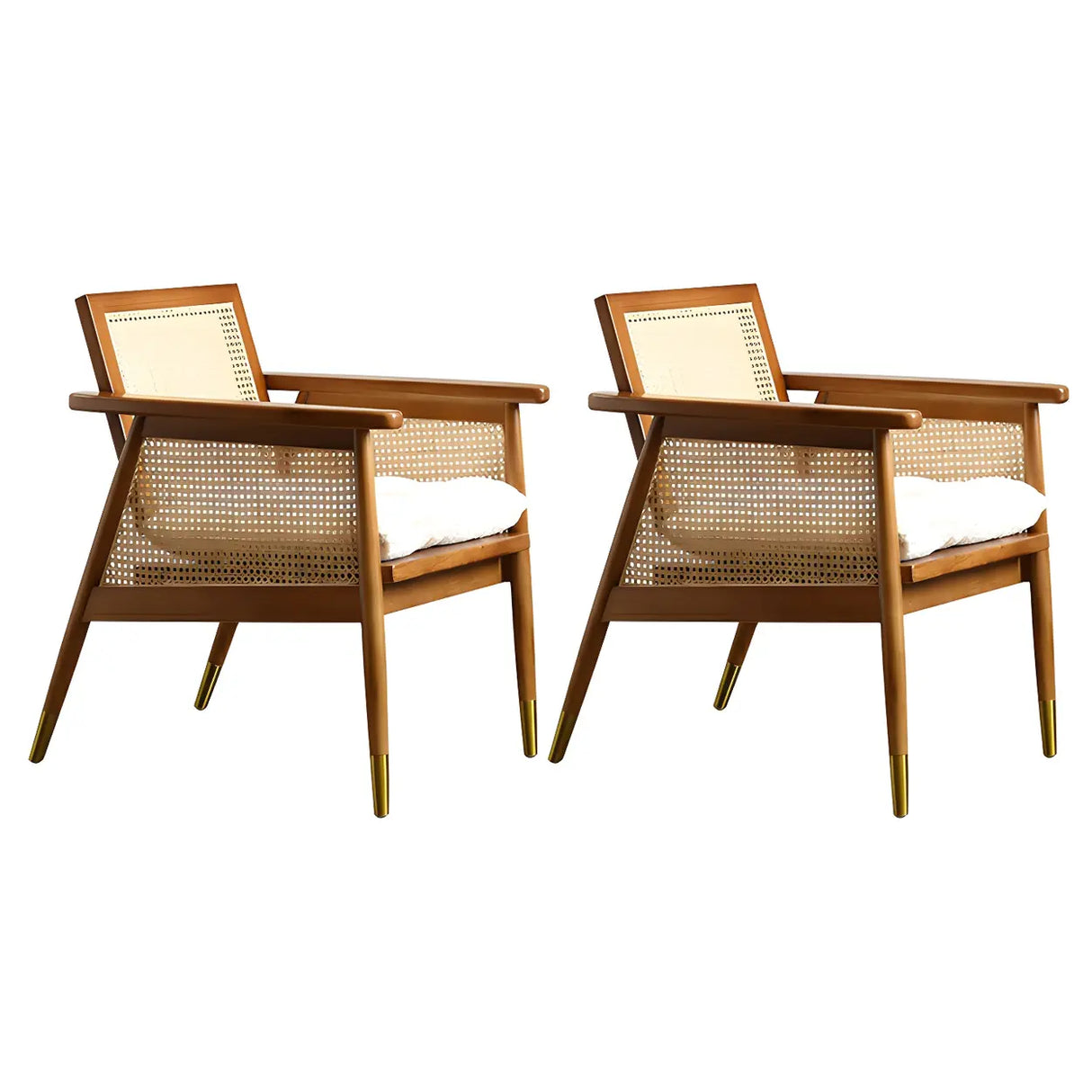 White Linen Recessed Arm Wooden Four Legs Arm Chair Image - 7