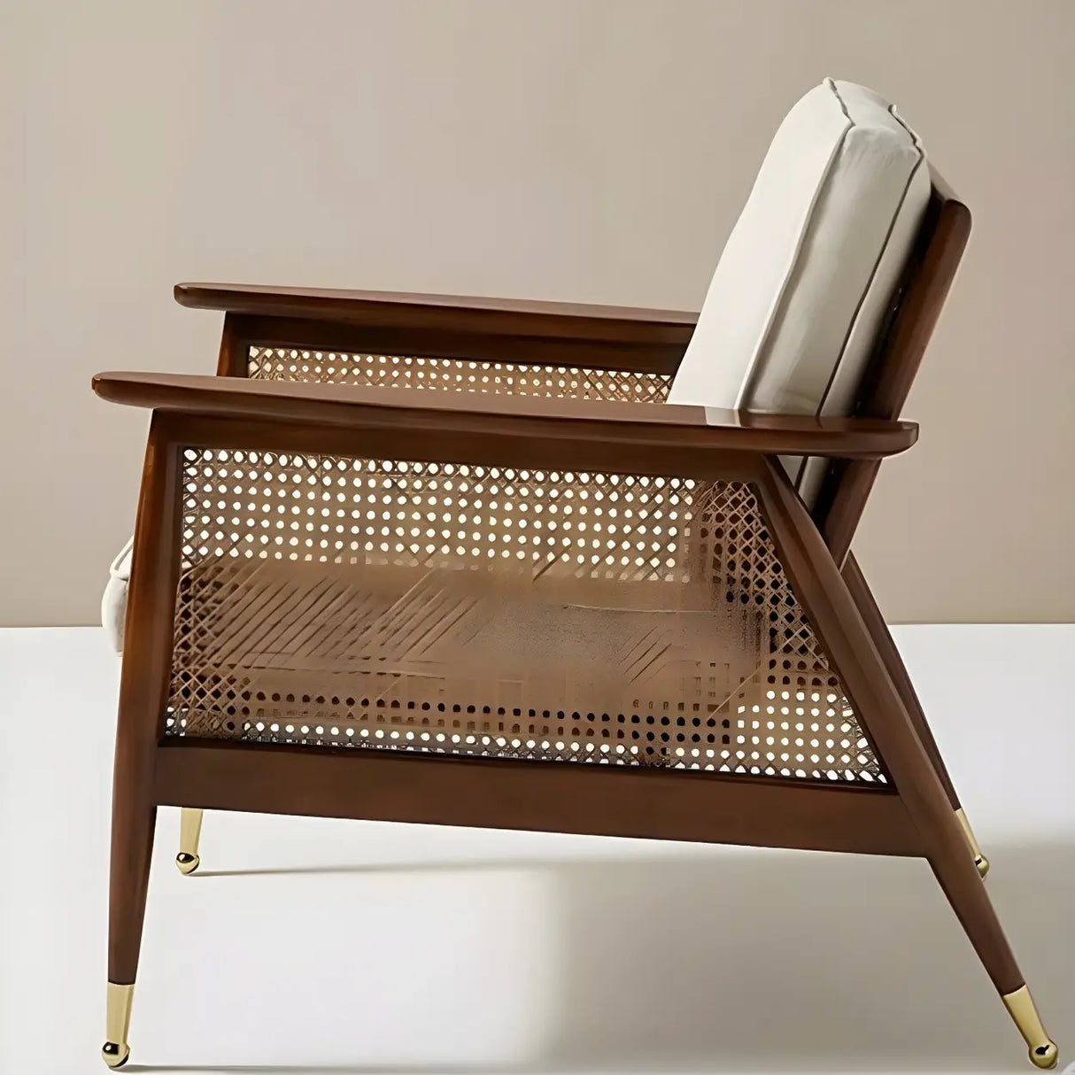 White Linen Recessed Arm Wooden Four Legs Arm Chair Image - 8