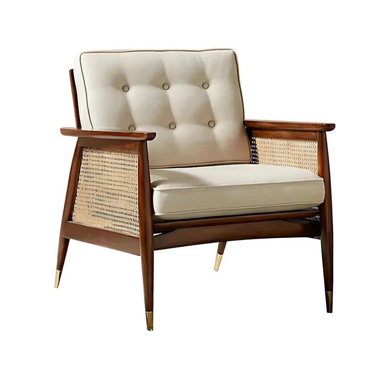 White Linen Recessed Arm Wooden Four Legs Arm Chair Image - 9