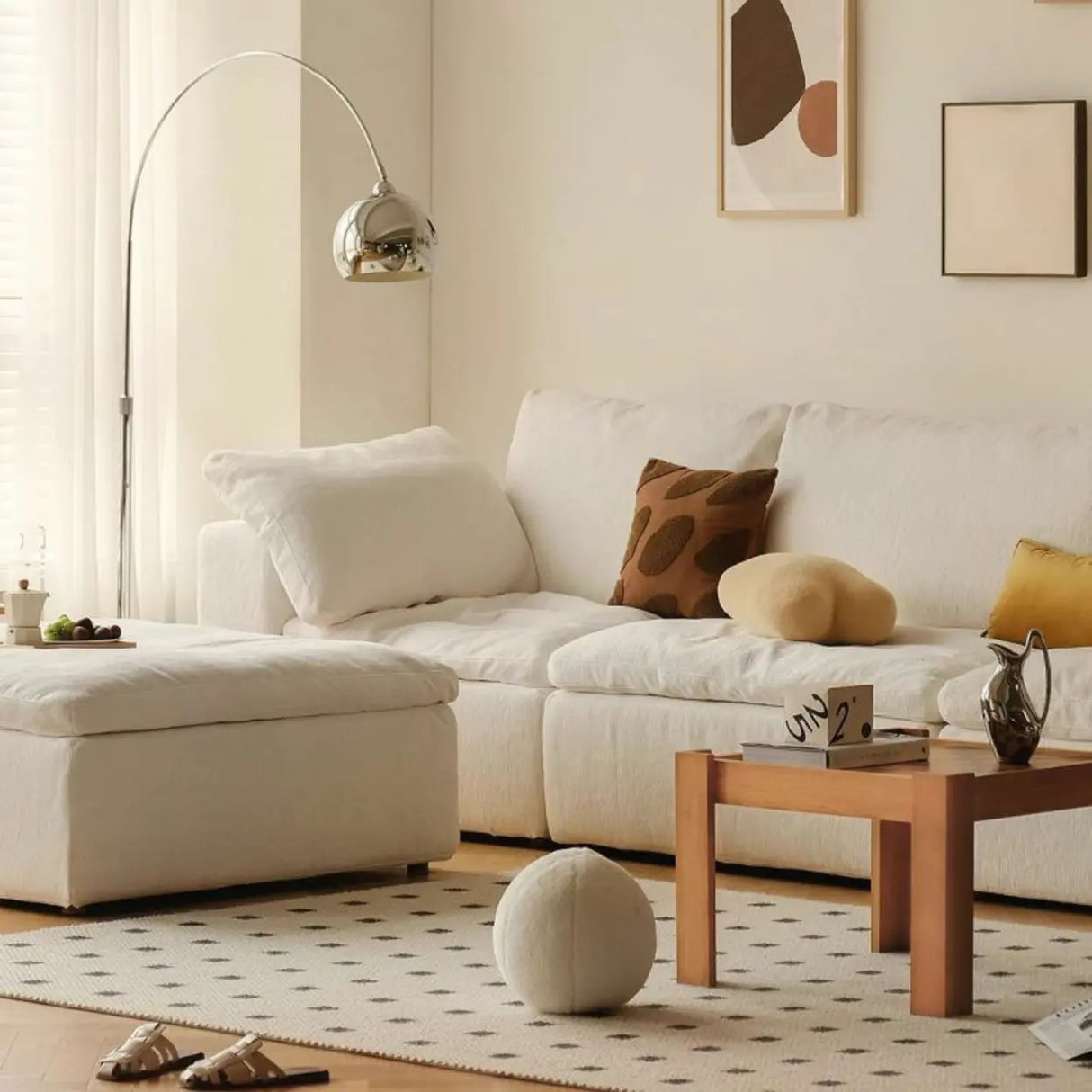 White Linen Slipcovered Removable Cushion Pillow Sofa Image - 10