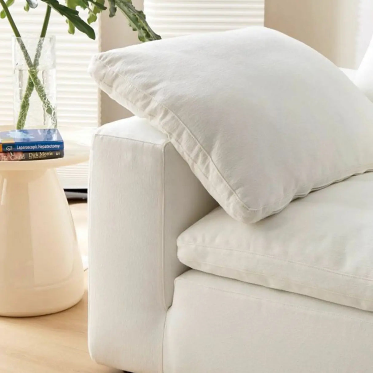 White Linen Slipcovered Removable Cushion Pillow Sofa Image - 13