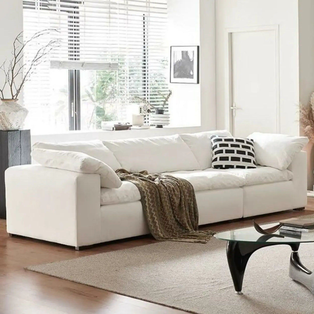 White Linen Slipcovered Removable Cushion Pillow Sofa Image - 4