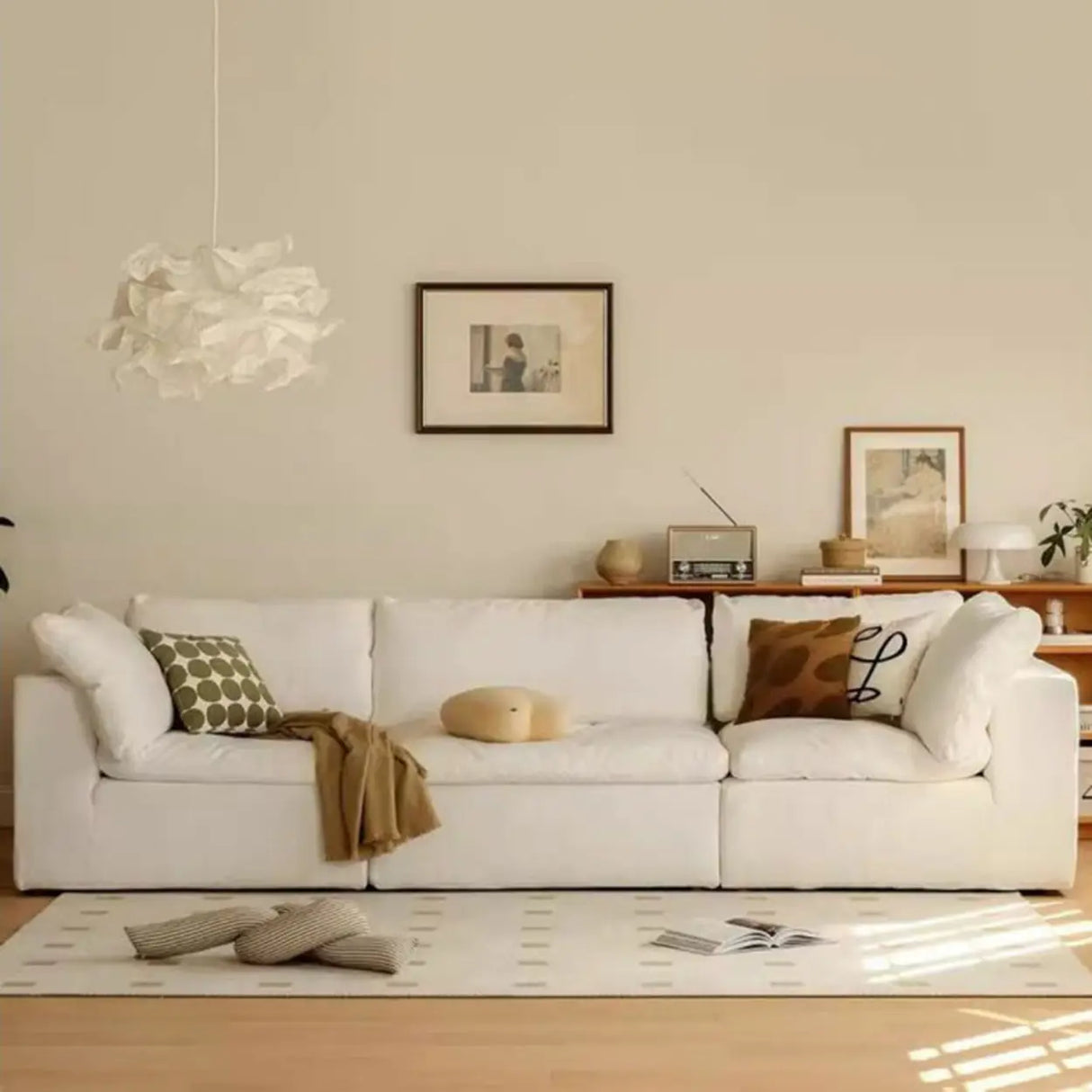 White Linen Slipcovered Removable Cushion Pillow Sofa Image - 8