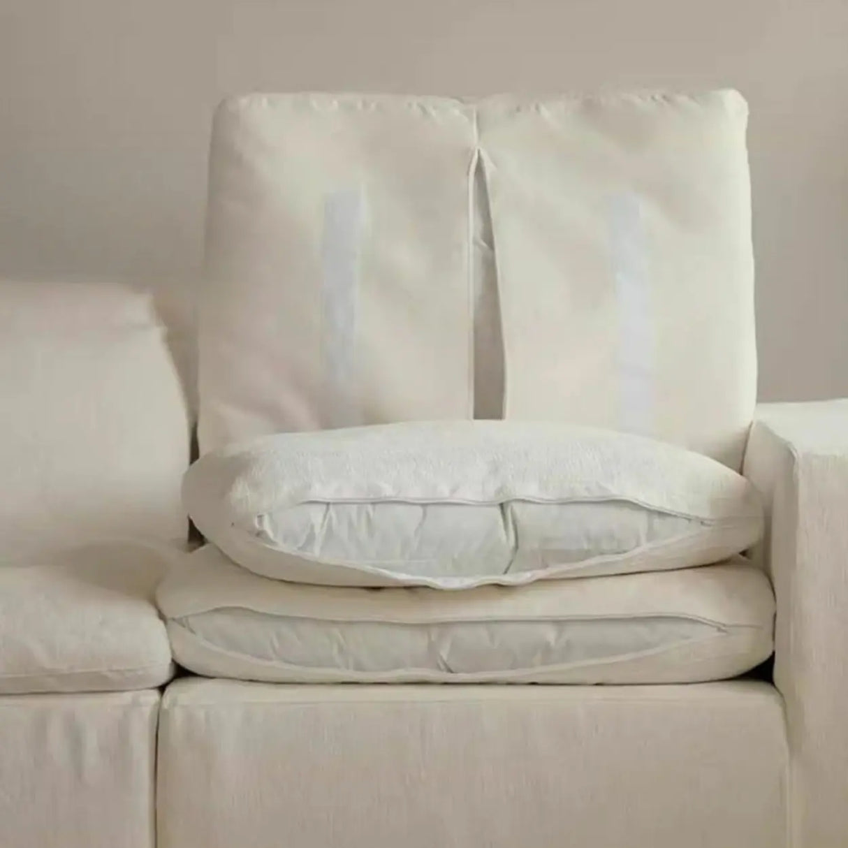 White Linen Slipcovered Removable Cushion Pillow Sofa Image - 9
