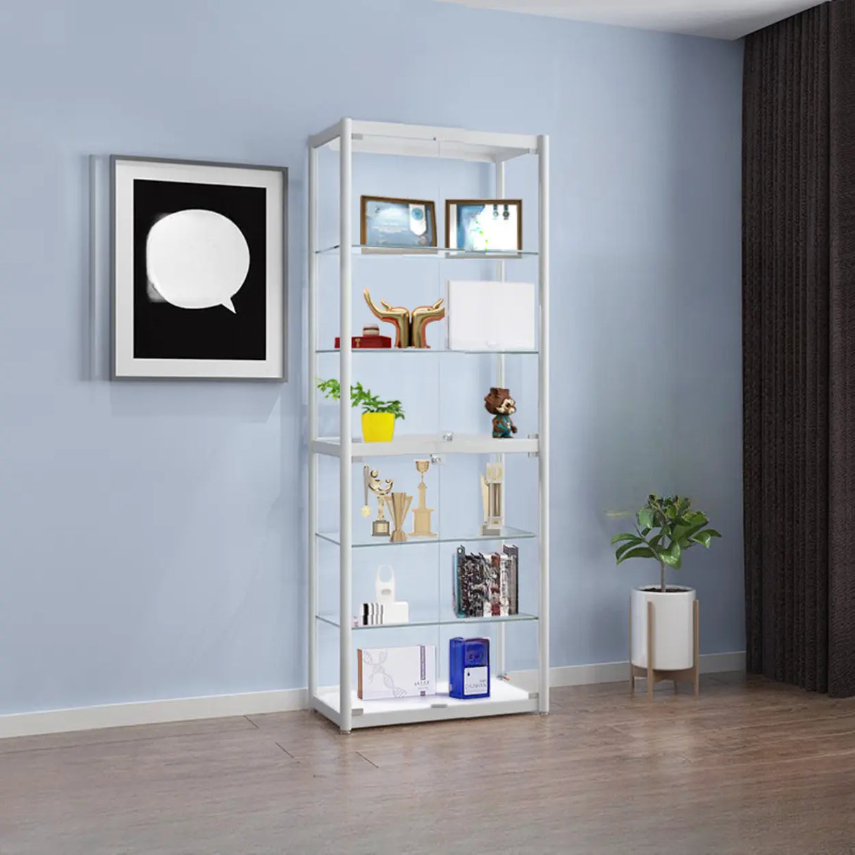 White Living Room 5 Shelves Glass Curio Display Cabinet Image - 12