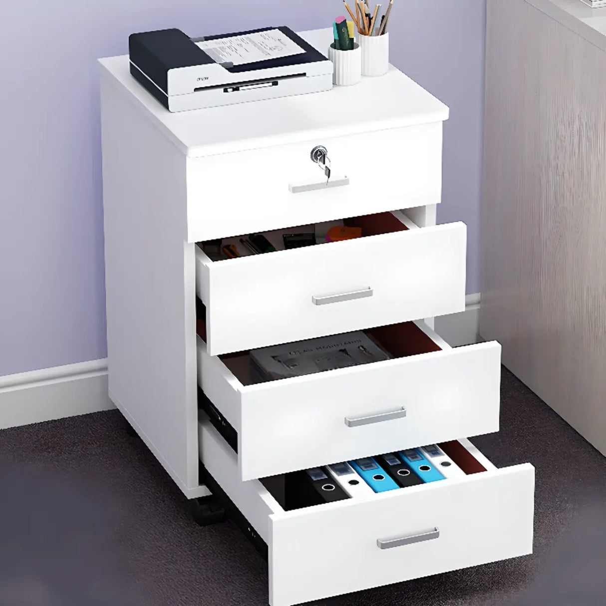 White Lockable Storage Wood Vertical Casters Filing Cabinet Image - 1