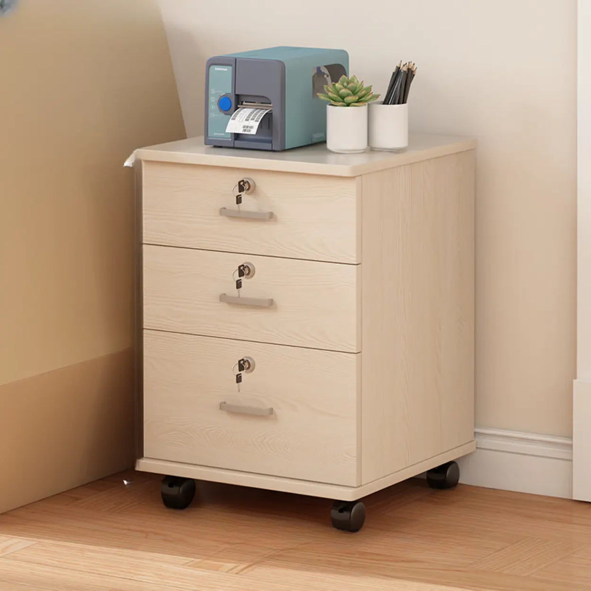 White Lockable Storage Wood Vertical Casters Filing Cabinet Image - 10