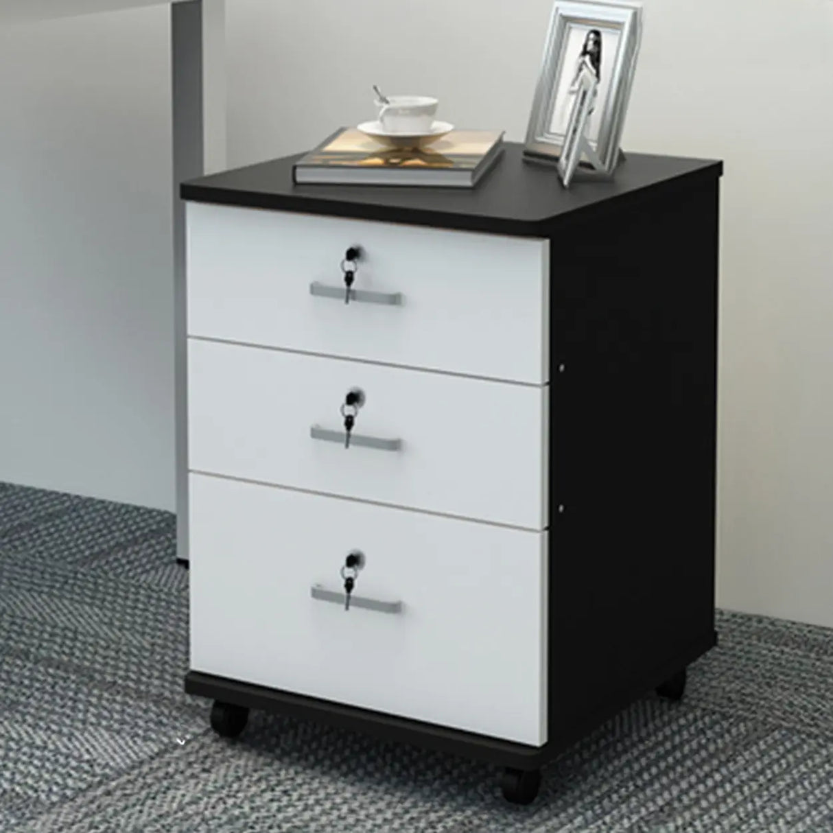White Lockable Storage Wood Vertical Casters Filing Cabinet Image - 12