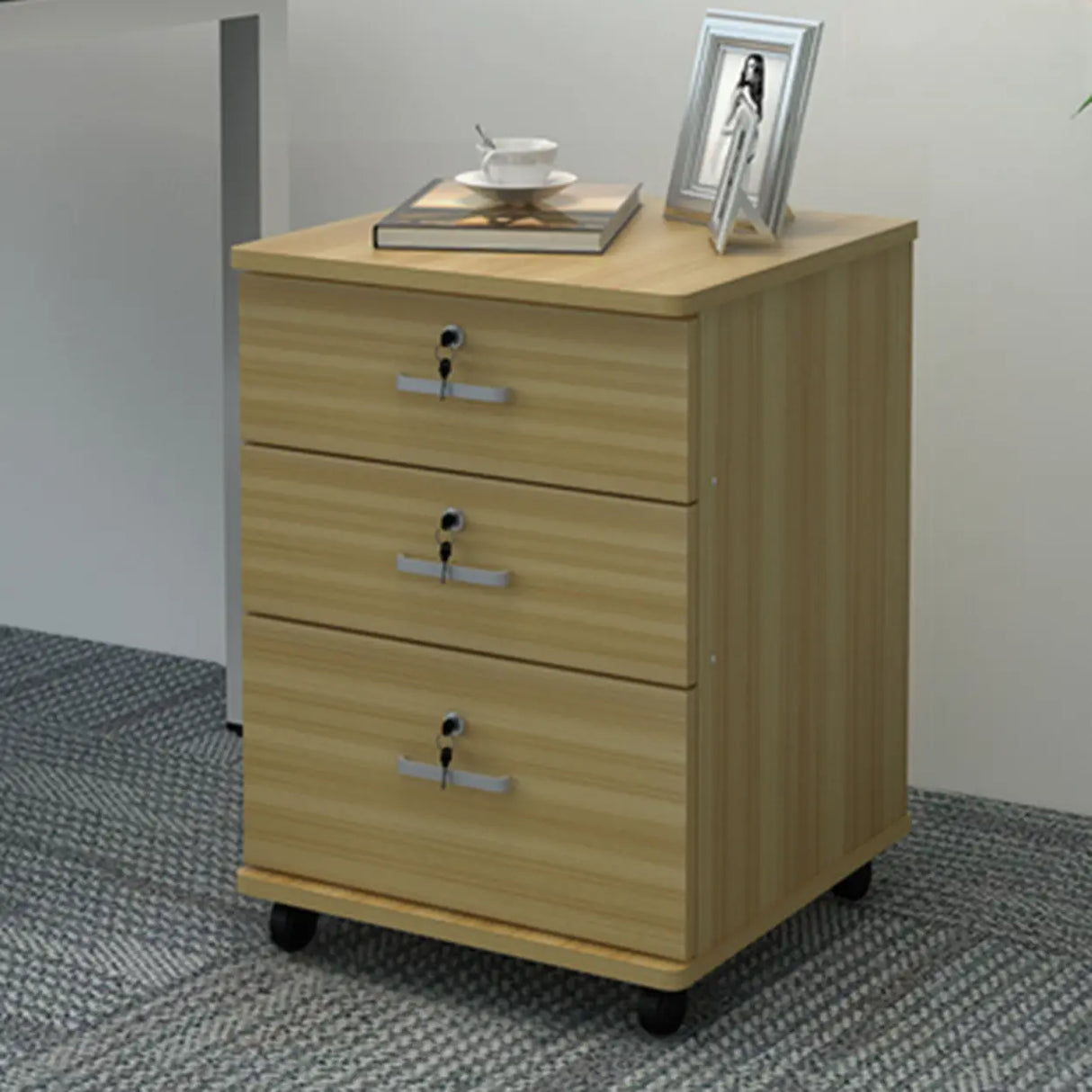 White Lockable Storage Wood Vertical Casters Filing Cabinet Image - 14