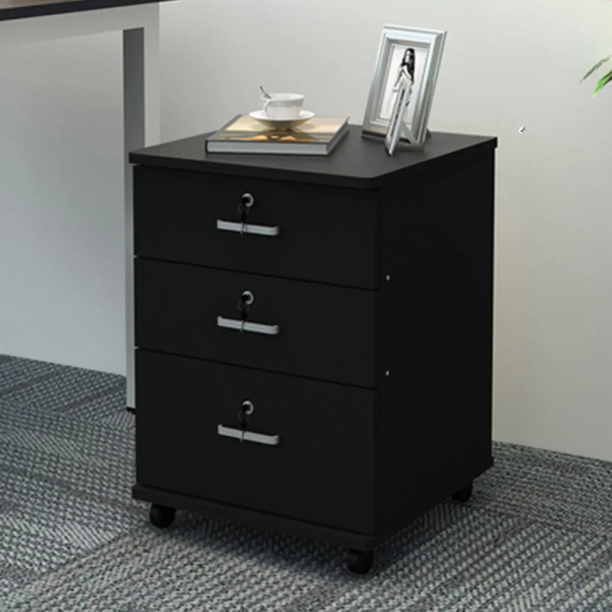 White Lockable Storage Wood Vertical Casters Filing Cabinet Image - 15