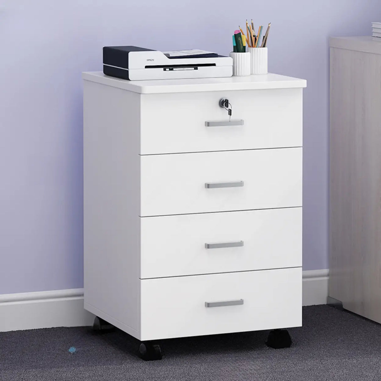 White Lockable Storage Wood Vertical Casters Filing Cabinet Image - 16