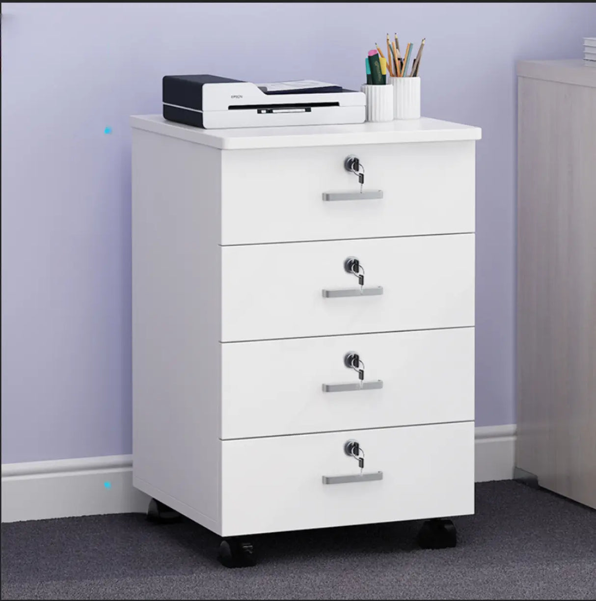 White Lockable Storage Wood Vertical Casters Filing Cabinet Image - 17