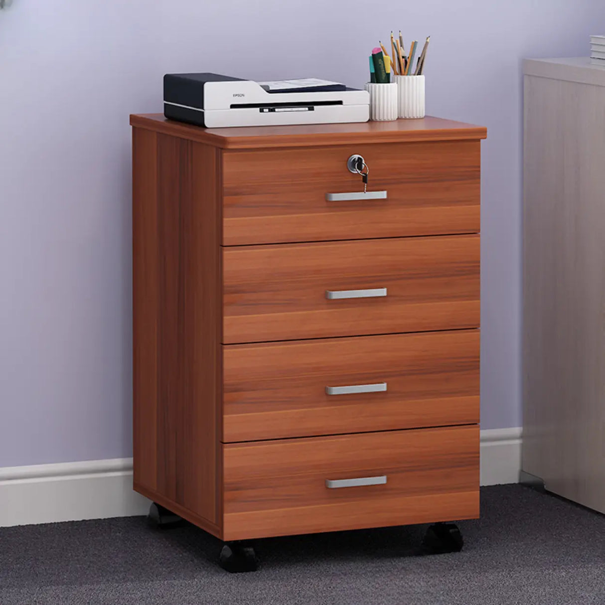 White Lockable Storage Wood Vertical Casters Filing Cabinet Image - 18