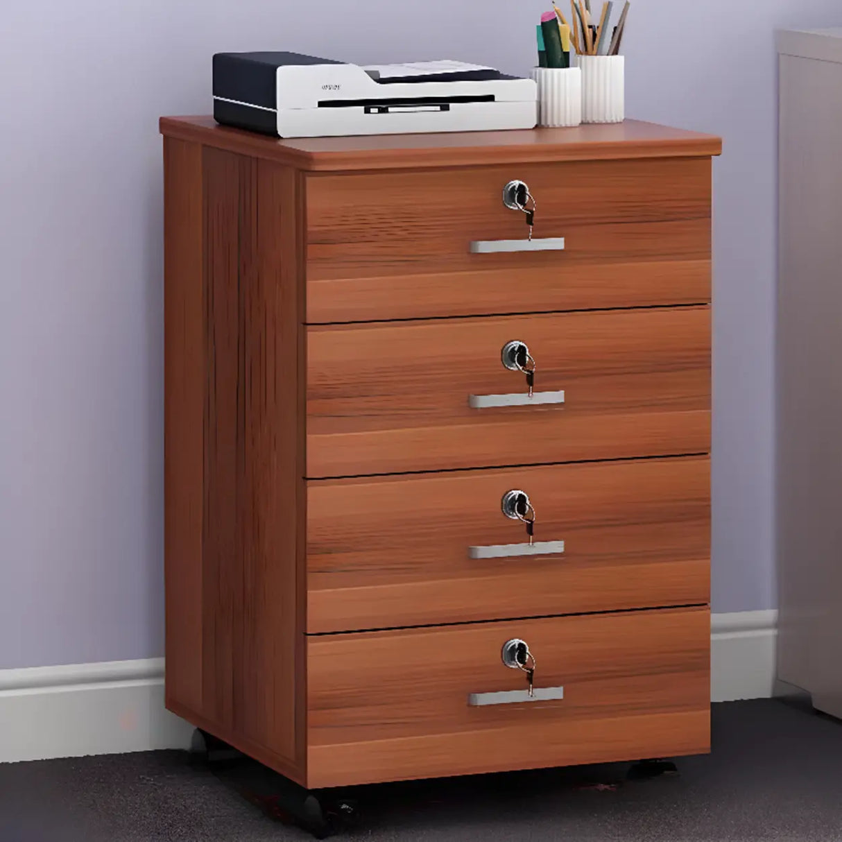 White Lockable Storage Wood Vertical Casters Filing Cabinet Image - 19