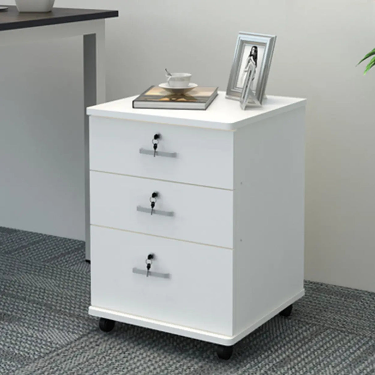 White Lockable Storage Wood Vertical Casters Filing Cabinet Image - 2