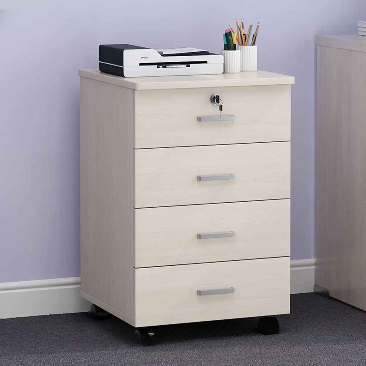White Lockable Storage Wood Vertical Casters Filing Cabinet Image - 20