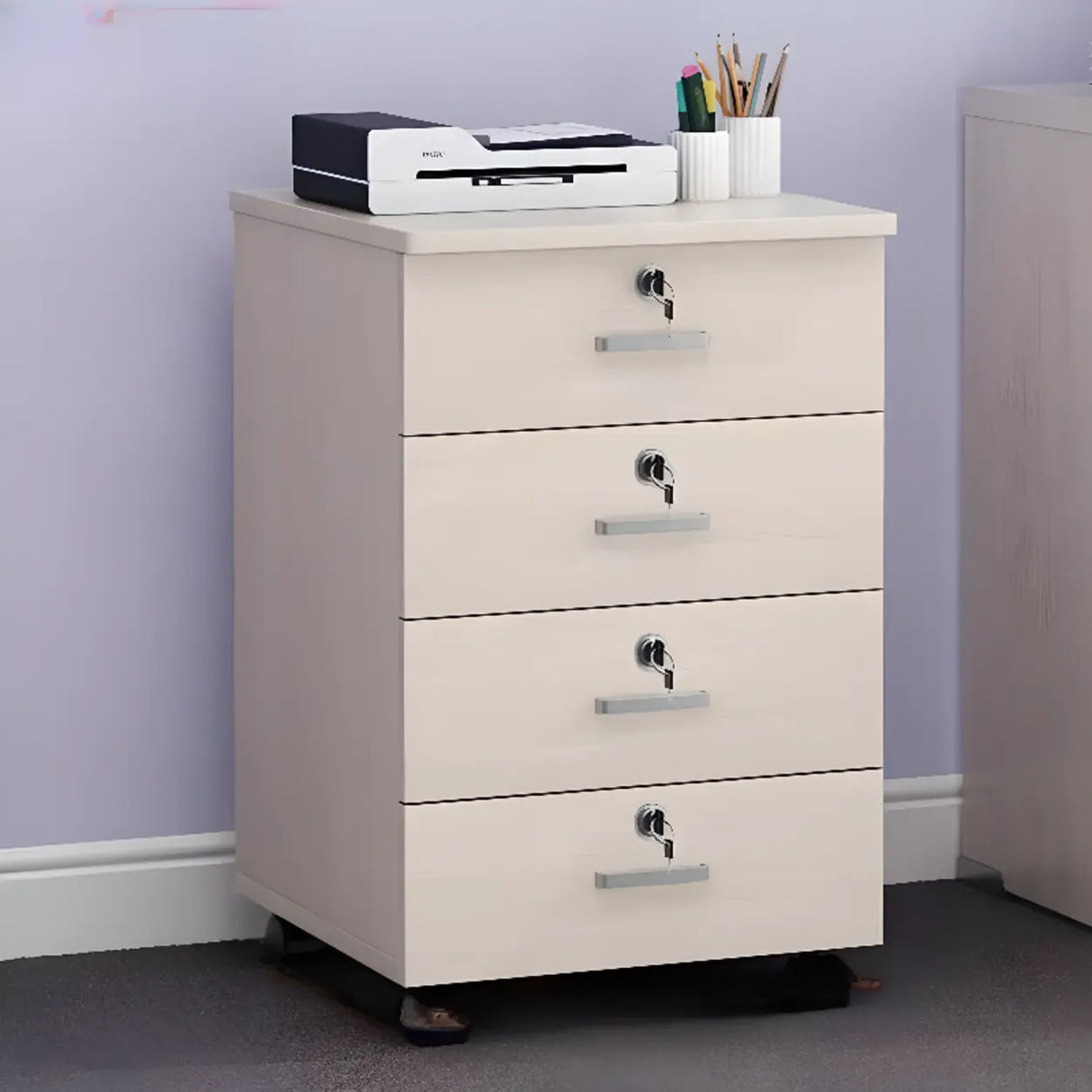 White Lockable Storage Wood Vertical Casters Filing Cabinet Image - 21