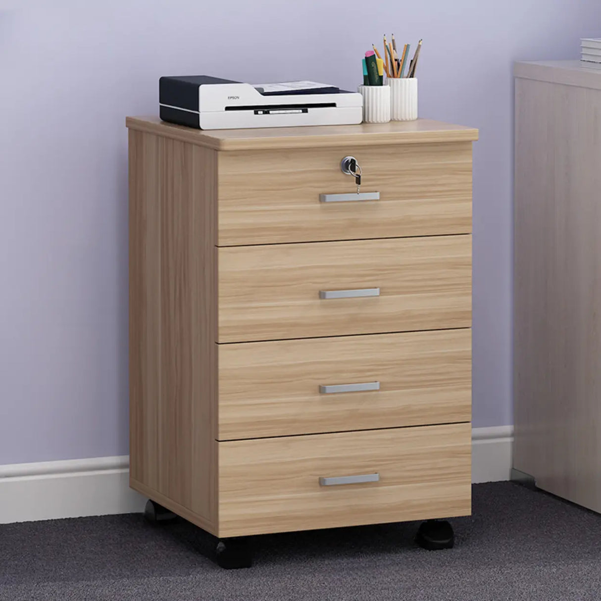 White Lockable Storage Wood Vertical Casters Filing Cabinet Image - 22