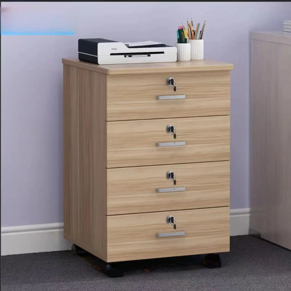 White Lockable Storage Wood Vertical Casters Filing Cabinet Image - 23