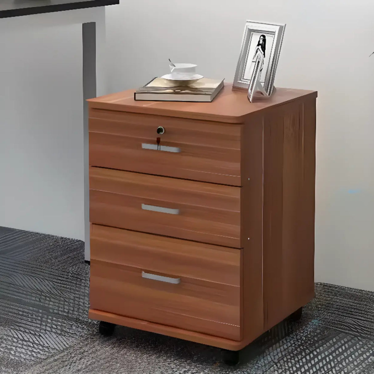 White Lockable Storage Wood Vertical Casters Filing Cabinet Image - 24