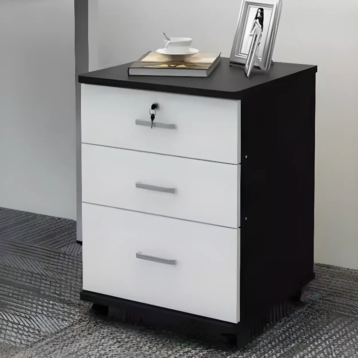 White Lockable Storage Wood Vertical Casters Filing Cabinet Image - 26