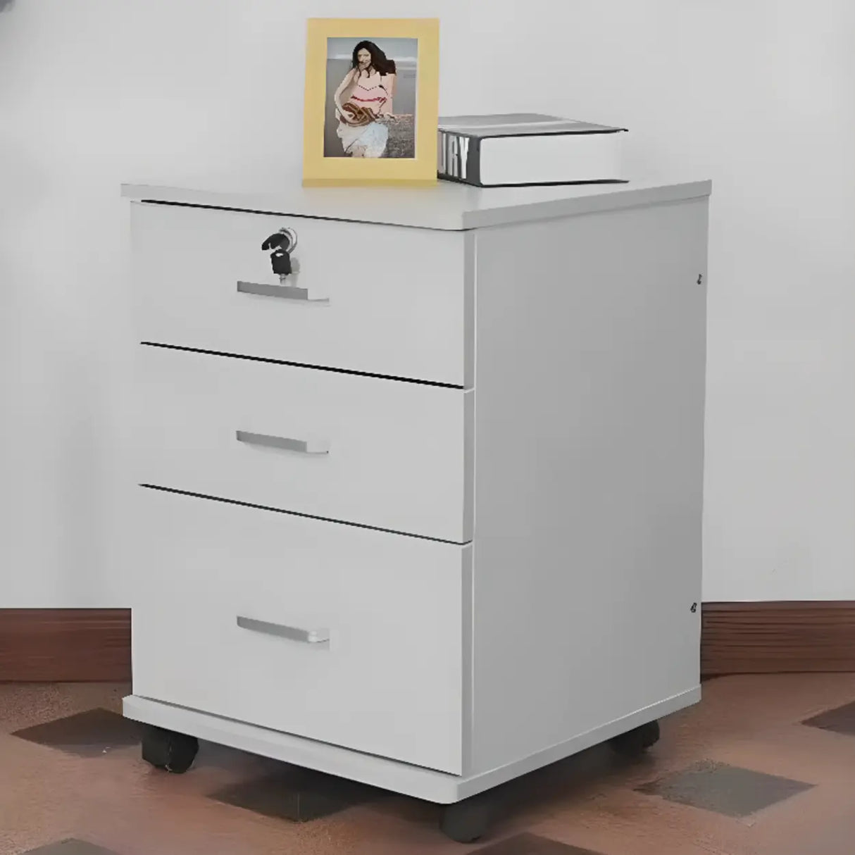 White Lockable Storage Wood Vertical Casters Filing Cabinet Image - 29